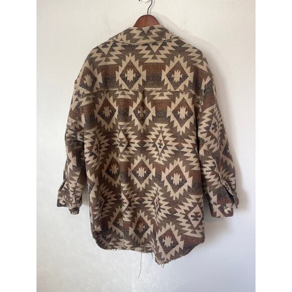 BOUTIQUE Tan Boho Aztec Print Raw Hem Oversized Long Shacket - Picture 3 of 3